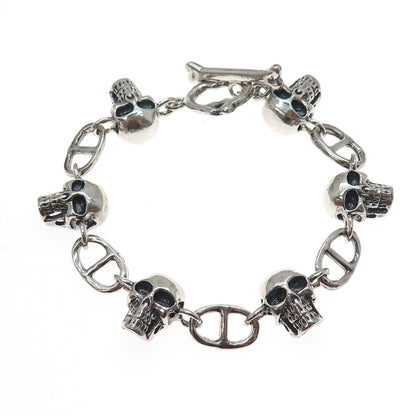 925 Sterling Silver Vintage Skull & Anchor Link Heavy 64.8g Bracelet 7.5"