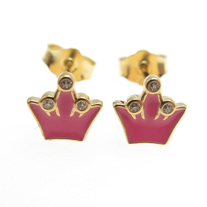 925 Sterling Silver Gold Plated C Z & Pink Enamel Crown Stud Earrings