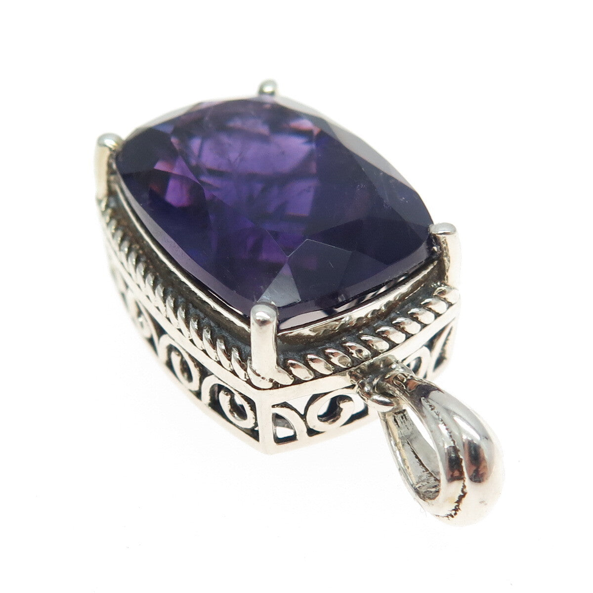 925 Sterling Silver Real Elongated Cushion-Cut Amethyst Pendant