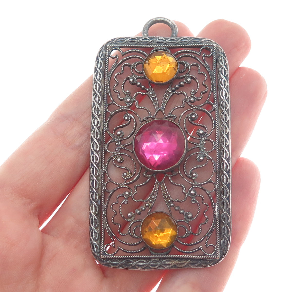 800 Silver Antique France Canary & Pink Rhinestone Filigree Oxidized Pendant