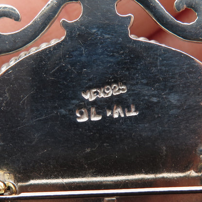 925 Sterling Silver Vintage Mexico Real Black Onyx Swirl Pin Brooch / Pendant