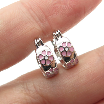 925 Sterling Silver Enamel Flower Hoop Earrings