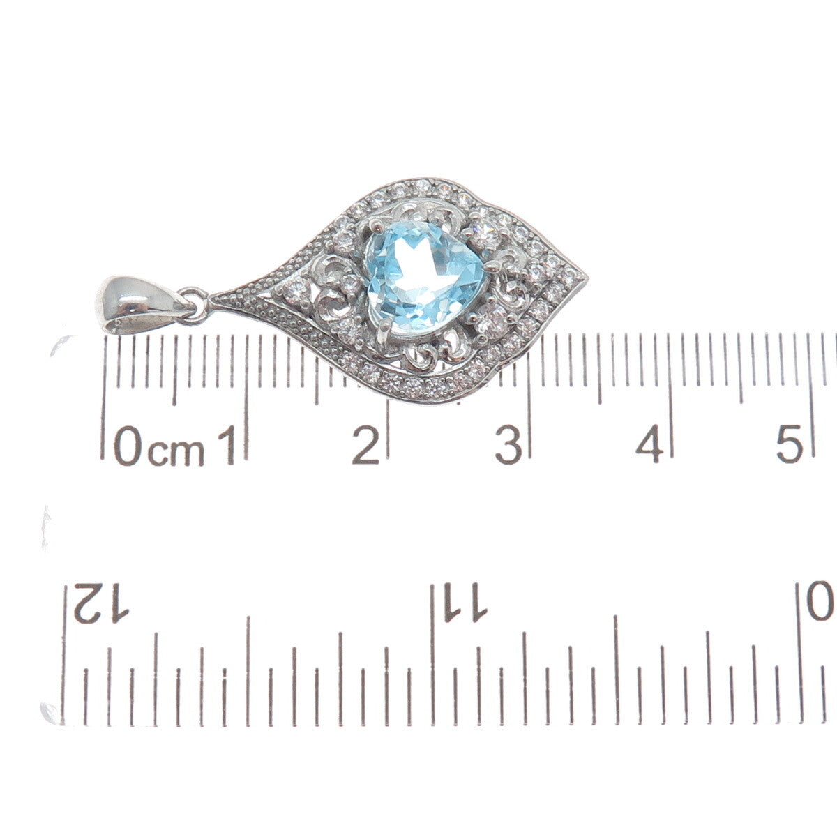 925 Sterling Silver Real Heart-Cut Blue Topaz Gem & C Z Cluster Pendant