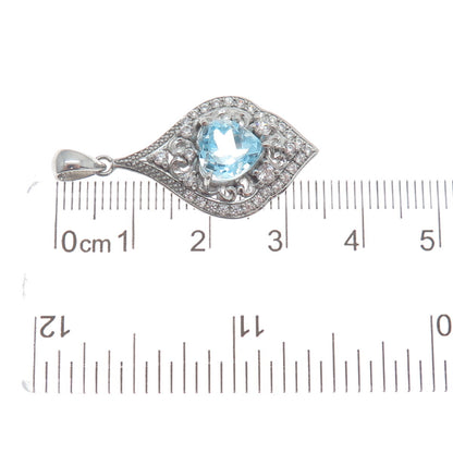 925 Sterling Silver Real Heart-Cut Blue Topaz Gem & C Z Cluster Pendant