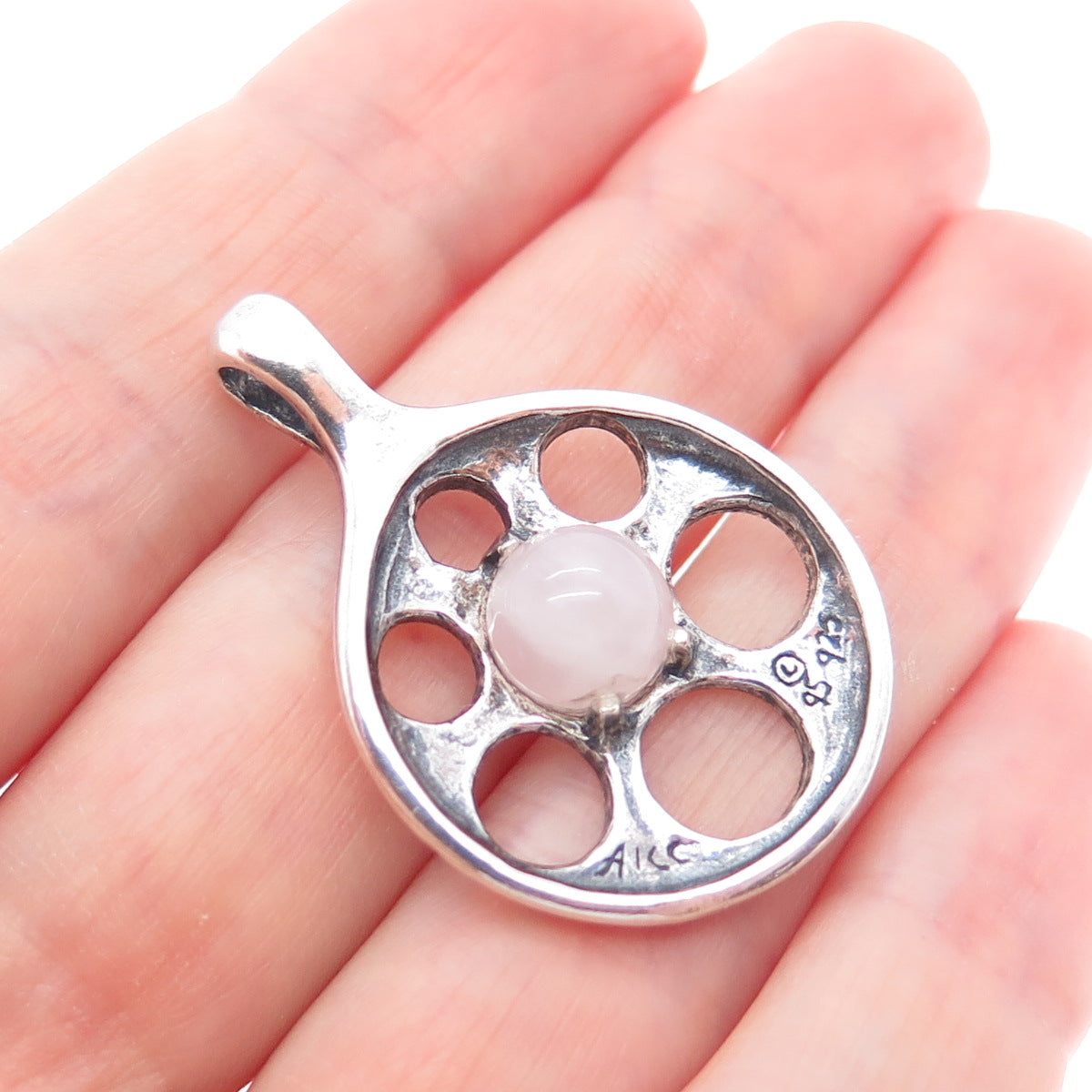 AICC 925 Sterling Silver Vintage Real Rose Quartz Modernist Disc Charm Pendant