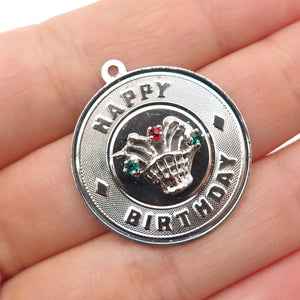 925 Sterling Silver Vintage Rhinestone Happy Birthday Charm Pendant