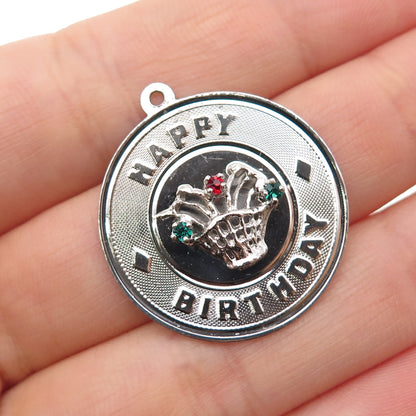 925 Sterling Silver Vintage Rhinestone Happy Birthday Charm Pendant