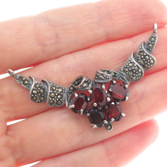 925 Sterling Vintage Real Garnet Marcasite Centerpiece Pendant (missing 1 stone)