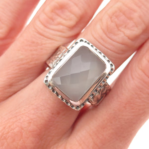 925 Sterling Silver Vintage Real Chalcedony Modernist Oxidized Ring Size 7.5