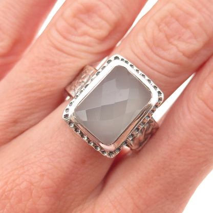 925 Sterling Silver Vintage Real Chalcedony Modernist Oxidized Ring Size 7.5