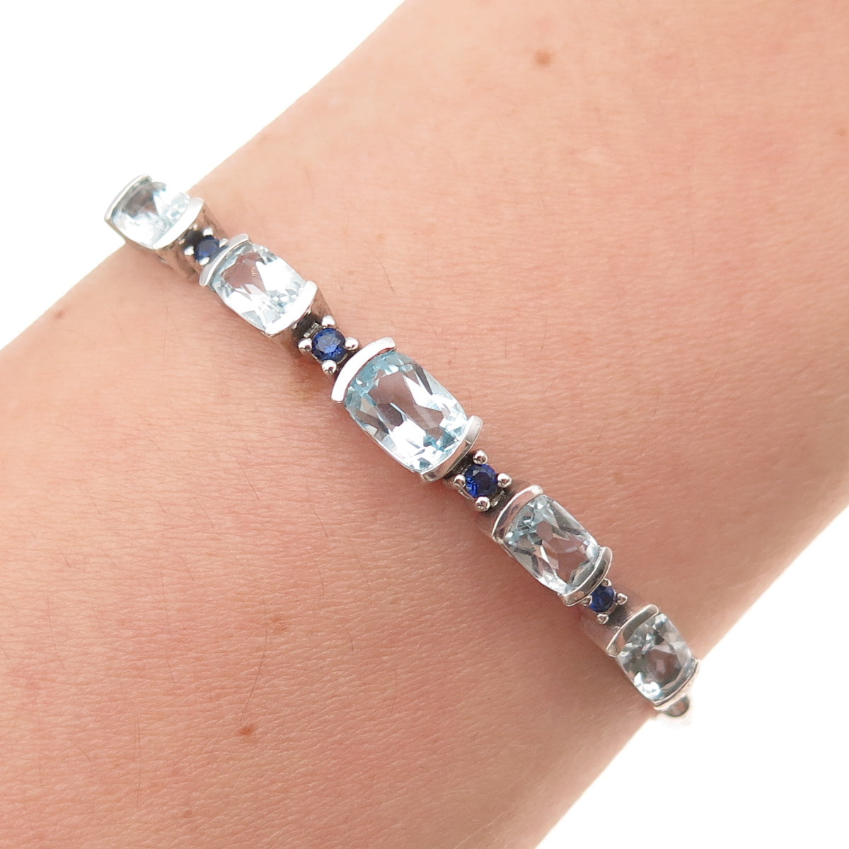925 Sterling Vintage Real Blue Topaz & Sapphire Adjustable Bolo Bracelet 6-9.5"