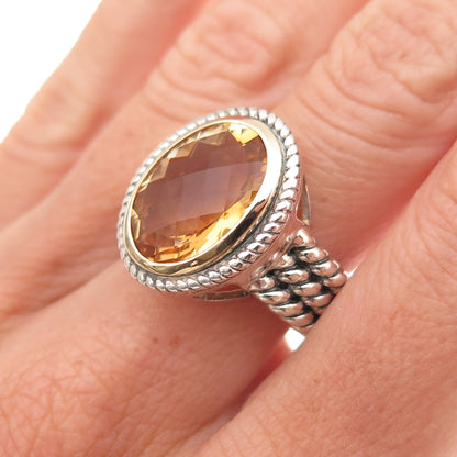 925 Sterling Silver 14K Gold Vintage Real Citrine Modernist Oxidized Ring Size 7