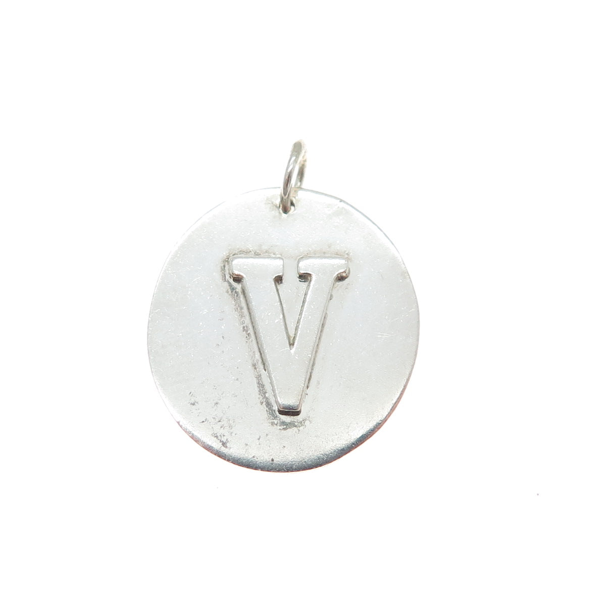 925 Sterling Silver Vintage Letter V Initial Round Tag Minimalist Charm Pendant