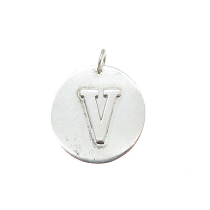 925 Sterling Silver Vintage Letter V Initial Round Tag Minimalist Charm Pendant
