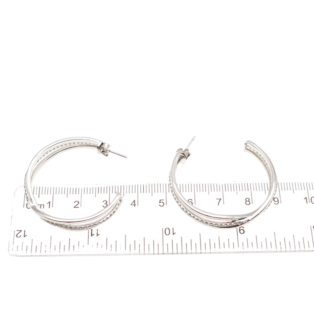 925 Sterling Silver Real Round-Cut White Topaz Crisscross Hoop Earrings