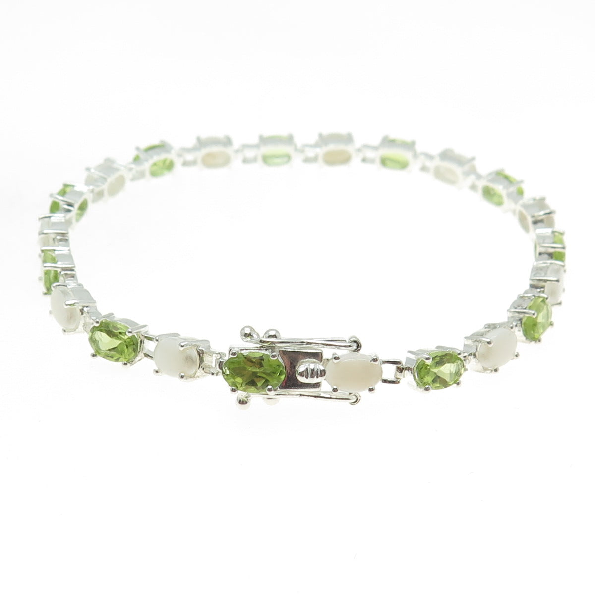 925 Sterling Silver Real Opal & Peridot Tennis Link Bracelet 7.25"