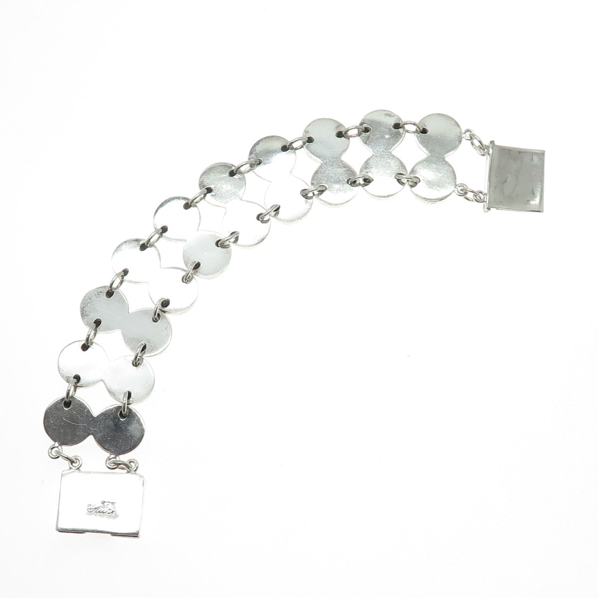 TURE 925 Sterling Silver Vintage Modernist 2-Row Beaded Link Bracelet 7.5"