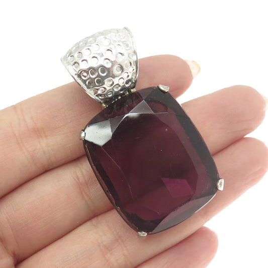 925 Sterling Silver Vintage Purple Glass Large Pendant