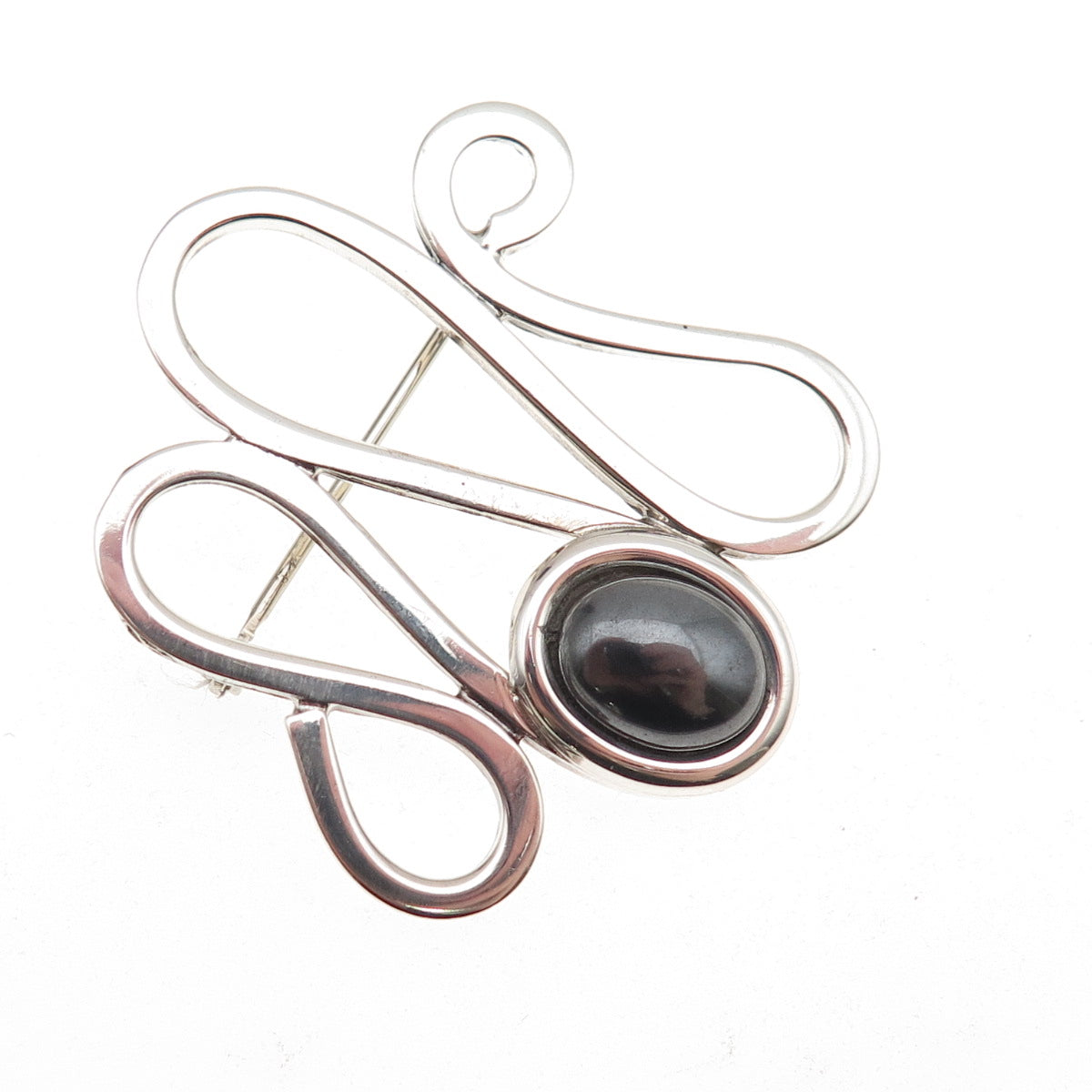 925 Sterling Silver Vintage Real Hematite Modernist Zig Zag Pin Brooch