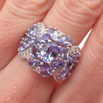 925 Sterling Silver Real Tanzanite & White Topaz Cluster Ring Size 7