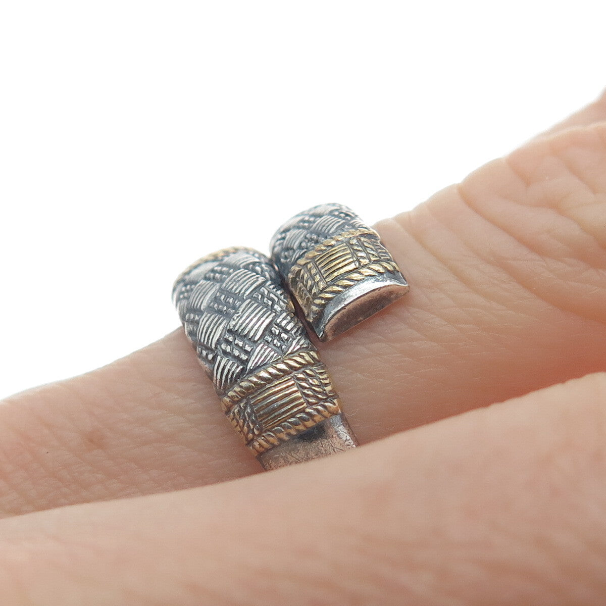 WALLACE 925 Sterling 2-Tone Vintage 1971 Aegean Weave Adjustable Ring Size 7.25