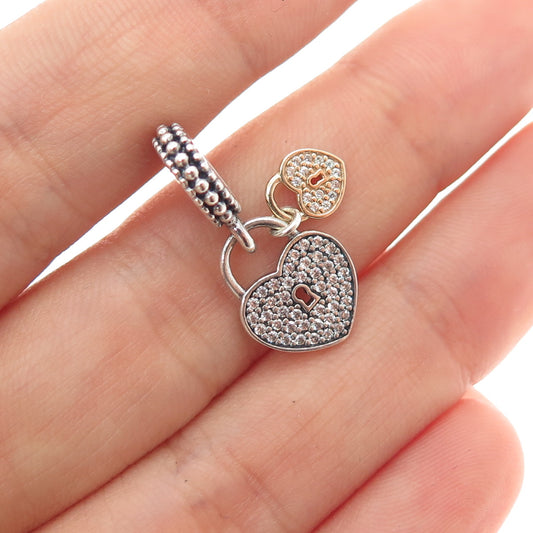 PANDORA 925 Sterling Silver 2-Tone C Z Love Lock Dangle Slide Charm