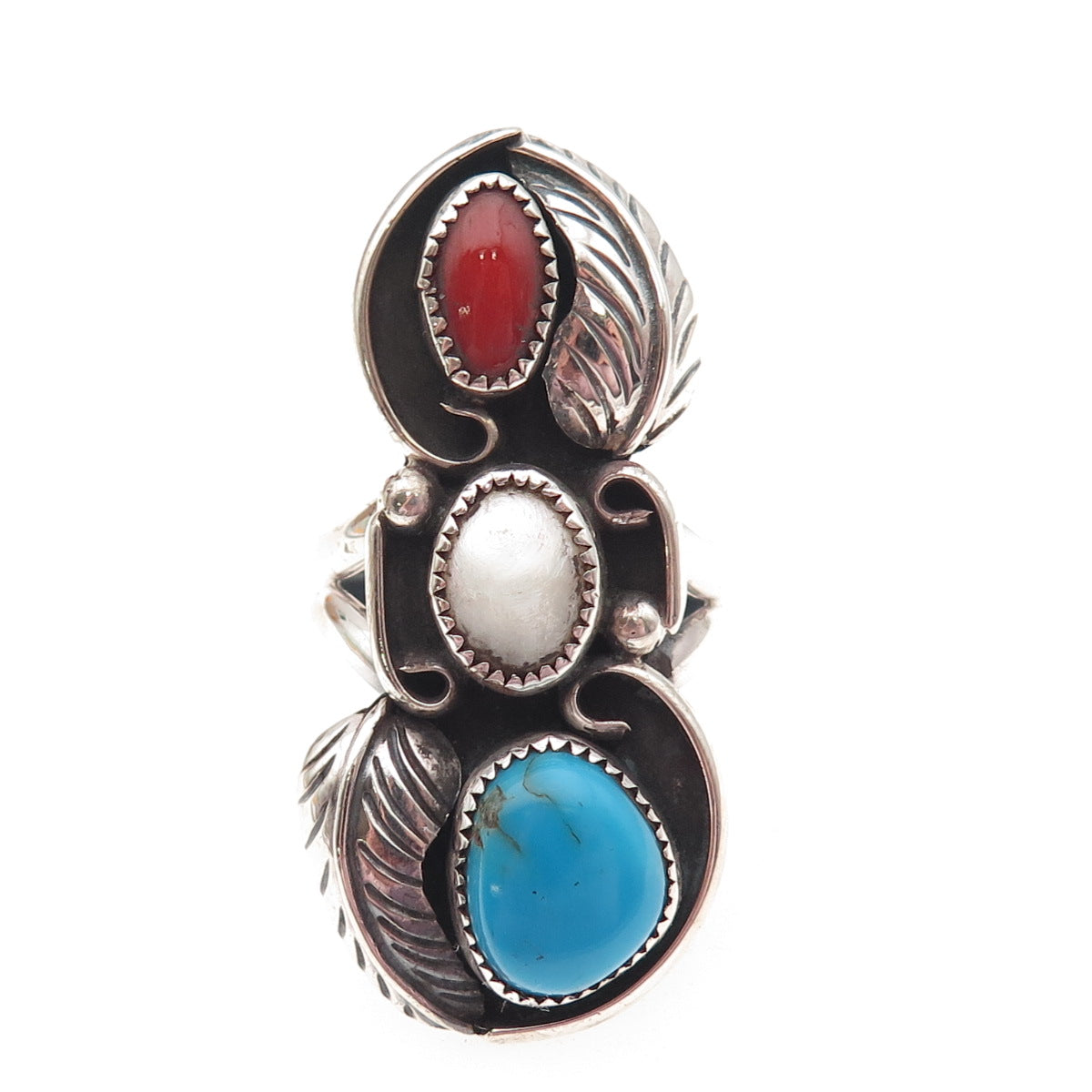 Wilbur Anderson Navajo Old Pawn 925 Sterling Turquoise Coral MOP Ring Size 10.75