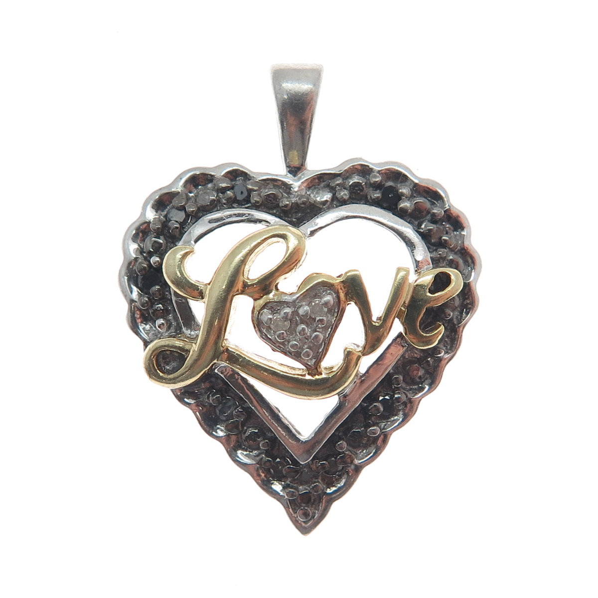 925 Sterling Silver 2-Tone Real Black & White Diamond "Love" Heart Pendant