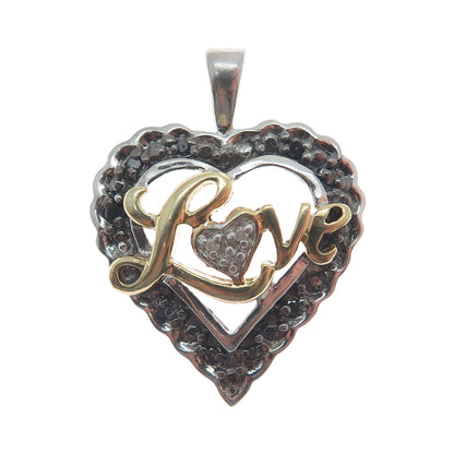 925 Sterling Silver 2-Tone Real Black & White Diamond "Love" Heart Pendant