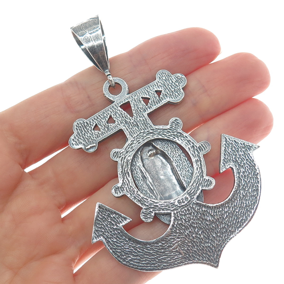 925 Sterling Silver Vintage St. Mary Anchor Diamond-Cut Oxidized Pendant