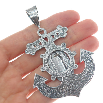 925 Sterling Silver Vintage St. Mary Anchor Diamond-Cut Oxidized Pendant