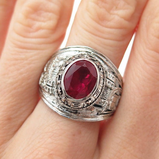 REED Sterling Silver Vintage 1996 Lab-Created Ruby Dreyfus School Ring Size 8.75
