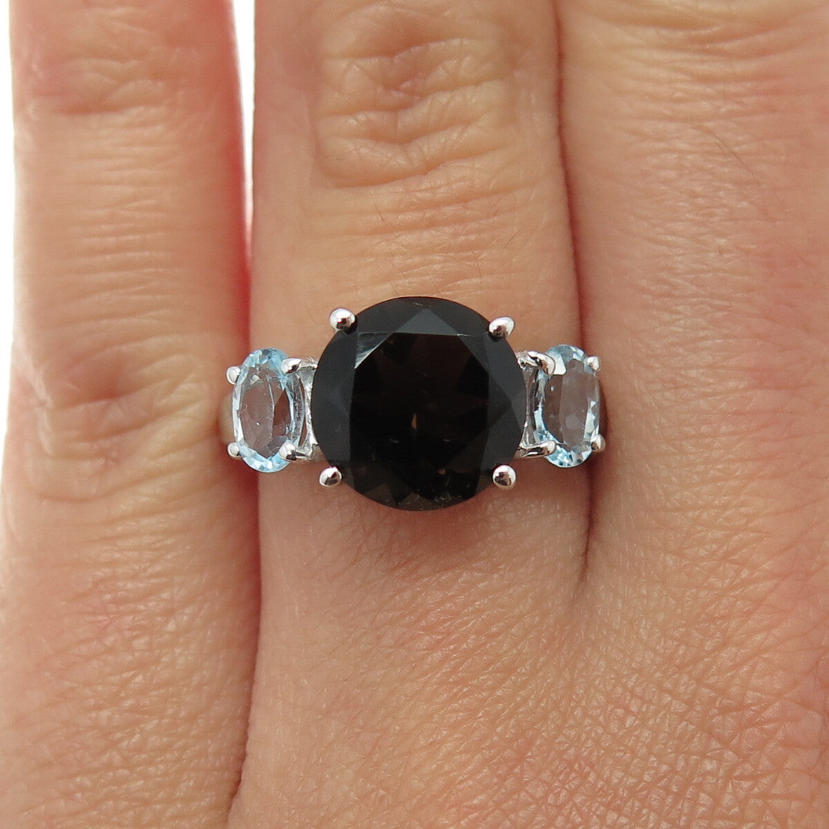 925 Sterling Silver Real Round-Cut Smoky Quartz & Blue Topaz Ring Size 6.25