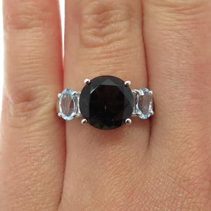 925 Sterling Silver Real Round-Cut Smoky Quartz & Blue Topaz Ring Size 6.25