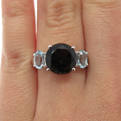925 Sterling Silver Real Round-Cut Smoky Quartz & Blue Topaz Ring Size 6.25