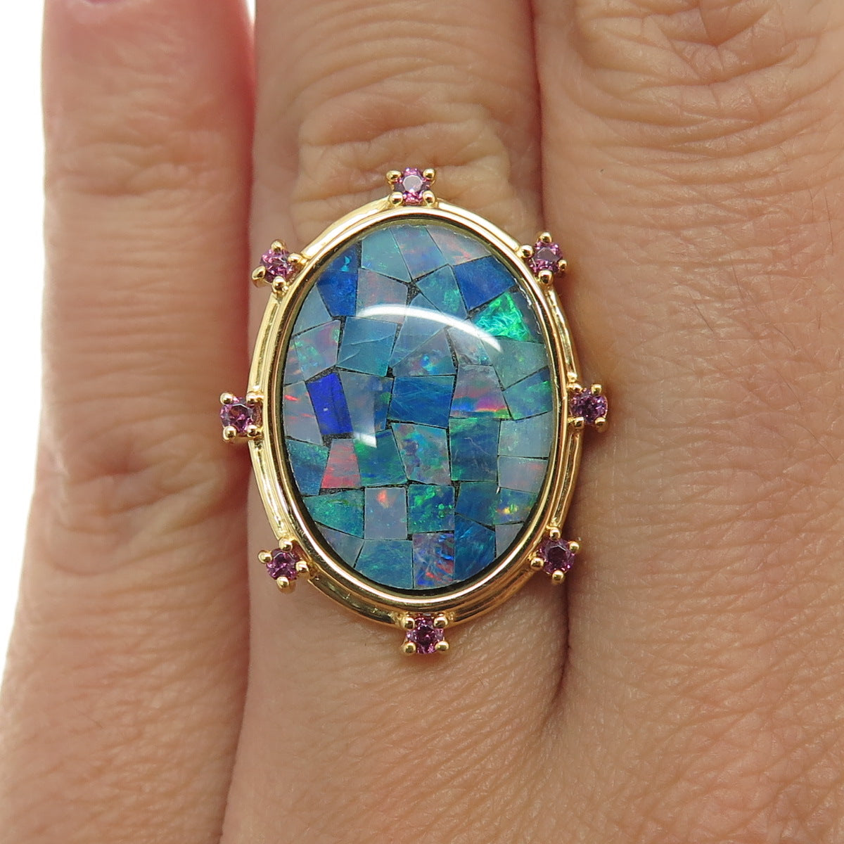 925 Sterling Silver Gold Plated Real Opal Inlay & Amethyst Ring Size 5.75