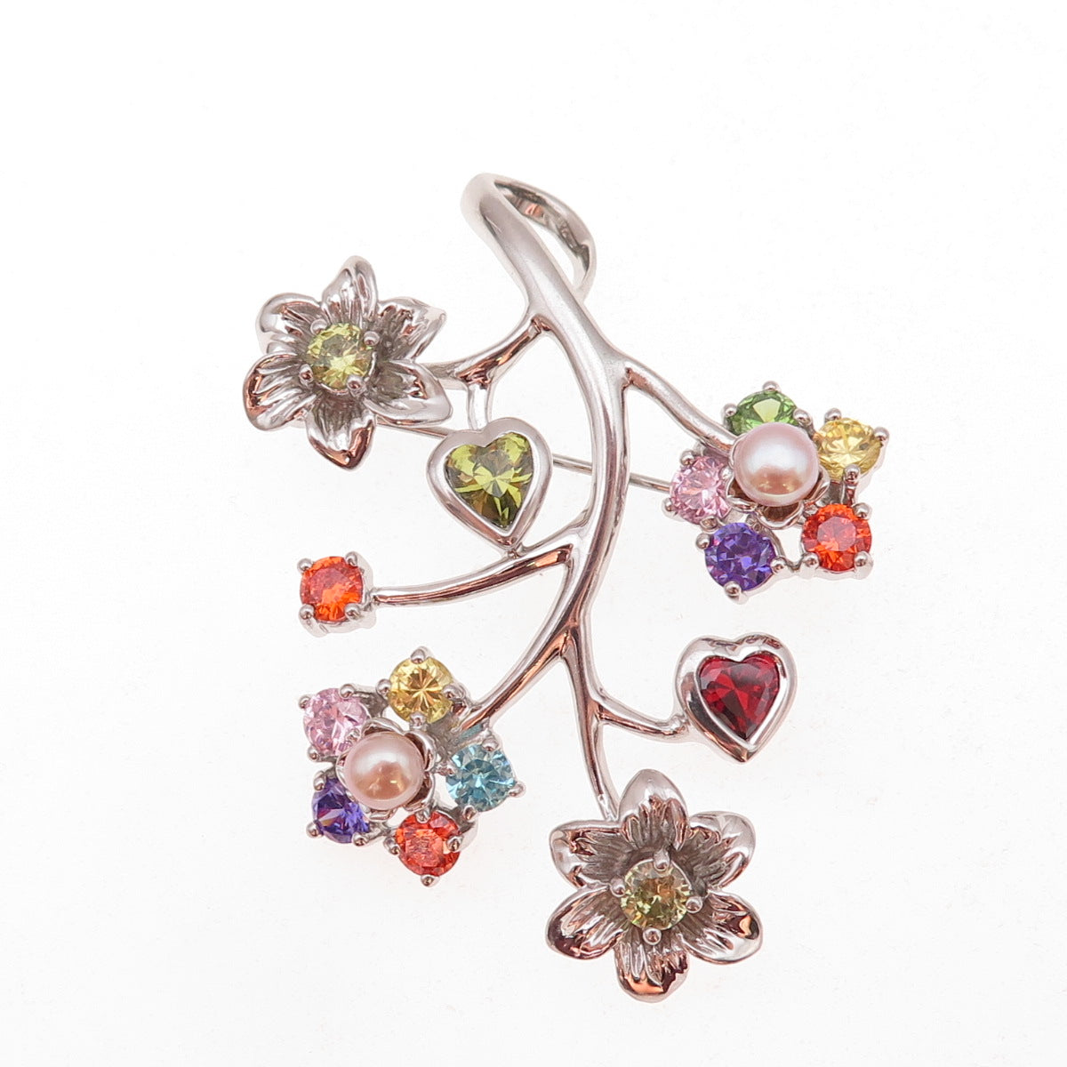 925 Sterling Silver Real Pearl & Multi-Color C Z Floral Pendant