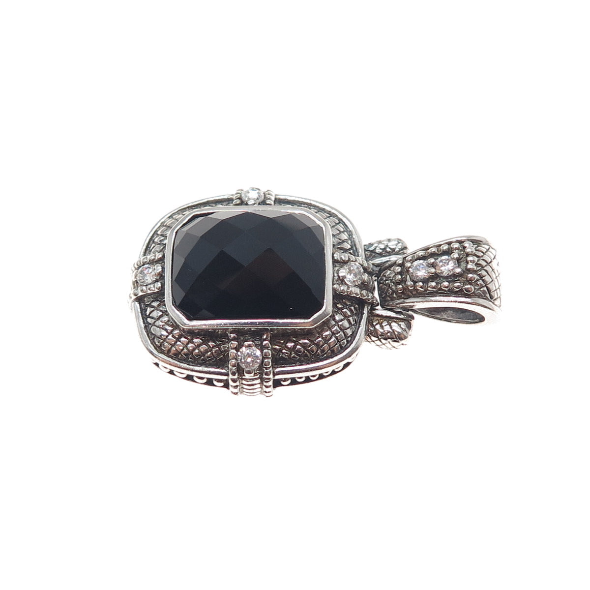 925 Sterling Silver Vintage Real Black Onyx & C Z Oxidized Charm Pendant