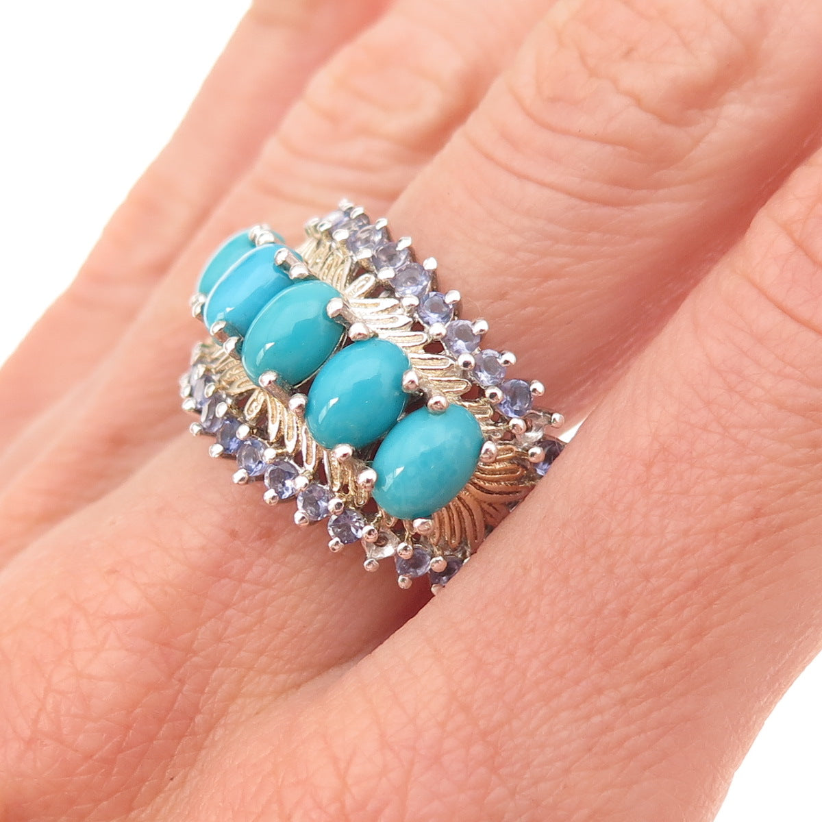 Chuck Clemency Sterling Silver 2-Tone Real Turquoise & Tanzanite Ring Size 8.25