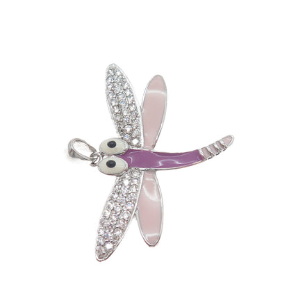 925 Sterling Silver Round-Cut Shaped C Z & Colorful Enamel Dragonfly Pendant