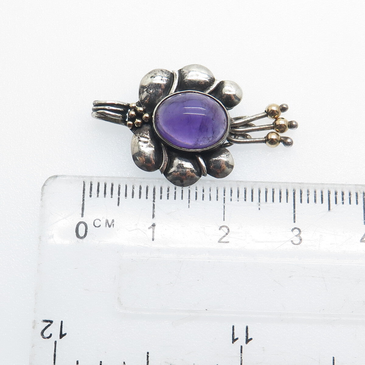 ORION Sterling Silver & 14K Gold Vintage Real Amethyst Modernist Flower Pendant