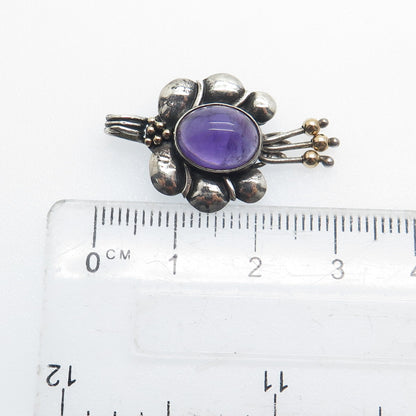 ORION Sterling Silver & 14K Gold Vintage Real Amethyst Modernist Flower Pendant