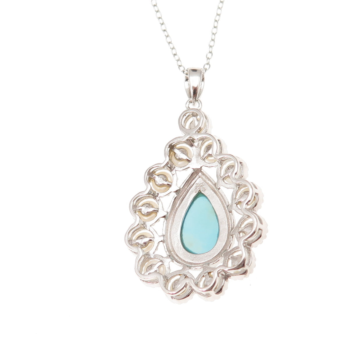 925 Sterling Silver Real Turquoise & Pearl Teardrop Cable Chain Necklace 18"