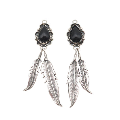 Old Pawn Sterling Silver Vintage Southwestern Black Onyx Feather Jacket Earrings
