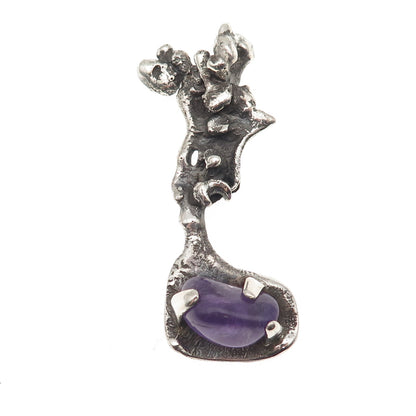 925 Sterling Silver Vintage Real Amethyst Modernist Nugget Slide Pendant
