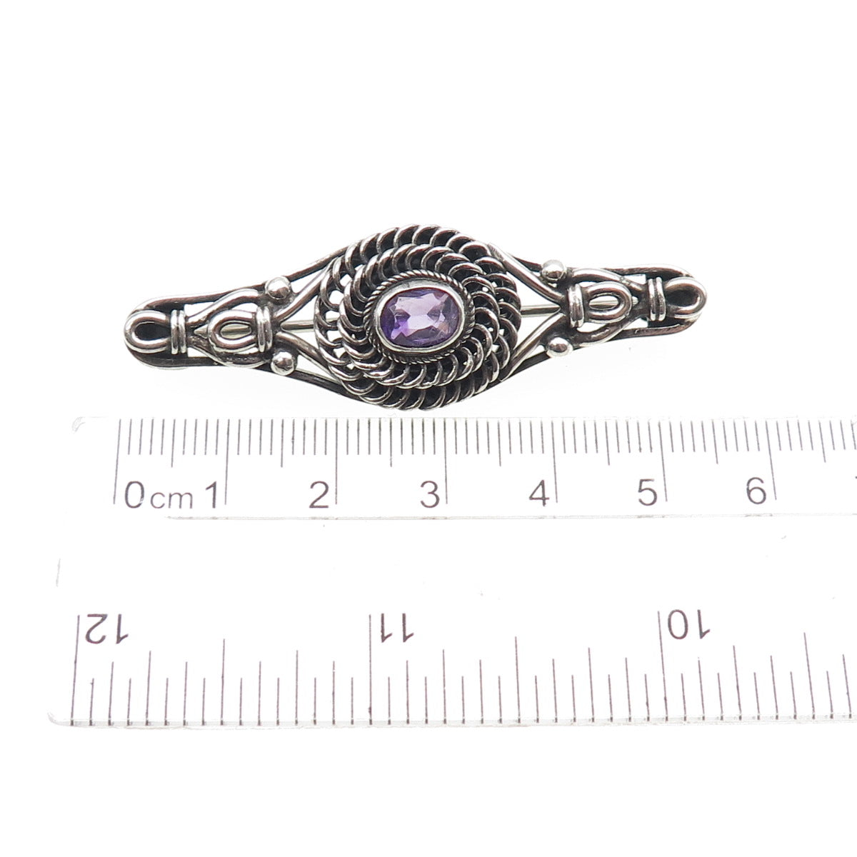 925 Sterling Silver Vintage Real Oval-Cut Amethyst Oxidized Pin Brooch