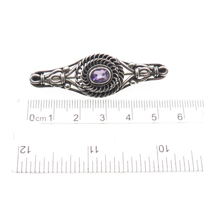 925 Sterling Silver Vintage Real Oval-Cut Amethyst Oxidized Pin Brooch