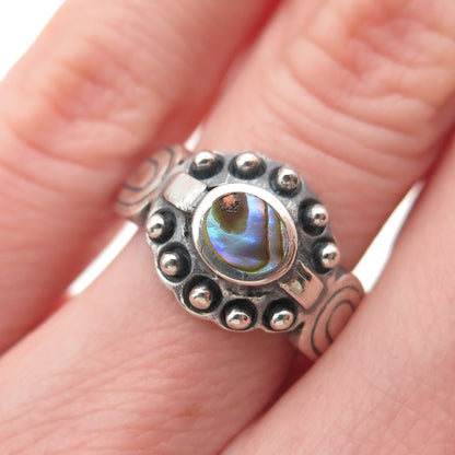 925 Sterling Silver Vintage Real Abalone Shell Modernist Oxidized Ring Size 6.25