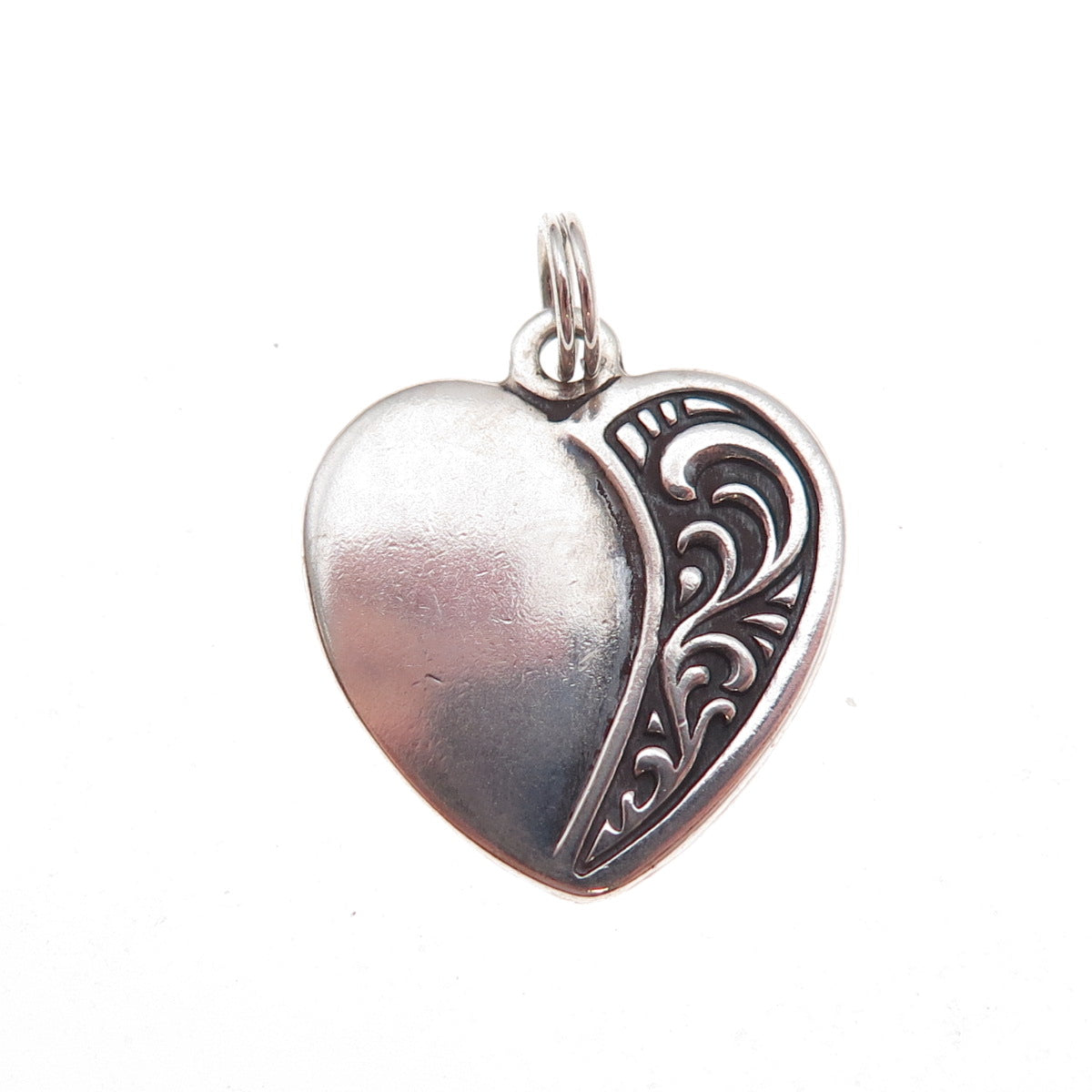 925 Sterling Silver Vintage Floral Scroll Heart Oxidized Charm Pendant