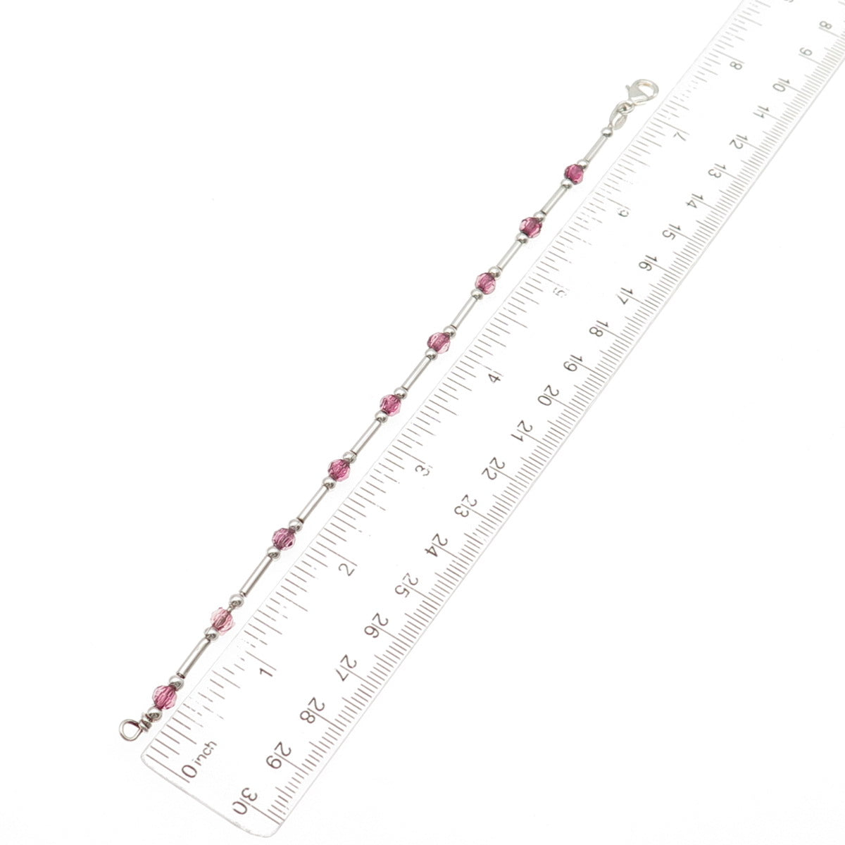 925 Sterling Silver Vintage Italy Real Pink Tourmaline Bar Beaded Bracelet 7"